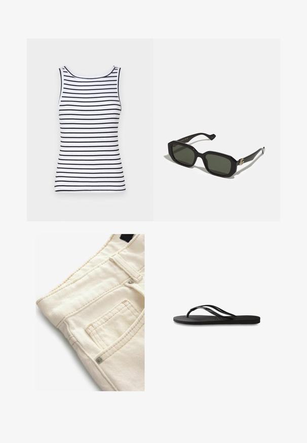 Camiseta sin mangas blanca con rayas horizontales negras, que presenta un escote redondo, textura acanalada y una silueta ceñida. Sin adornos ni detalles.; Pantalones de denim color crema con una superficie texturizada, que cuentan con un pequeño bolsillo delantero y detalles de costura en contraste. Ideales para un look casual.; Chanclas negras con suela de goma texturizada, dos tiras delgadas y un sutil detalle de logo en relieve en la tira.; Gafas de sol rectangulares negras con lentes verdes sólidos, con un acabado brillante y un acento de logotipo dorado en el lateral.; Bolso de mano de cuero negro con forma rectangular estructurada. Presenta un cierre ovalado dorado y una delgada correa para el hombro. Textura suave.