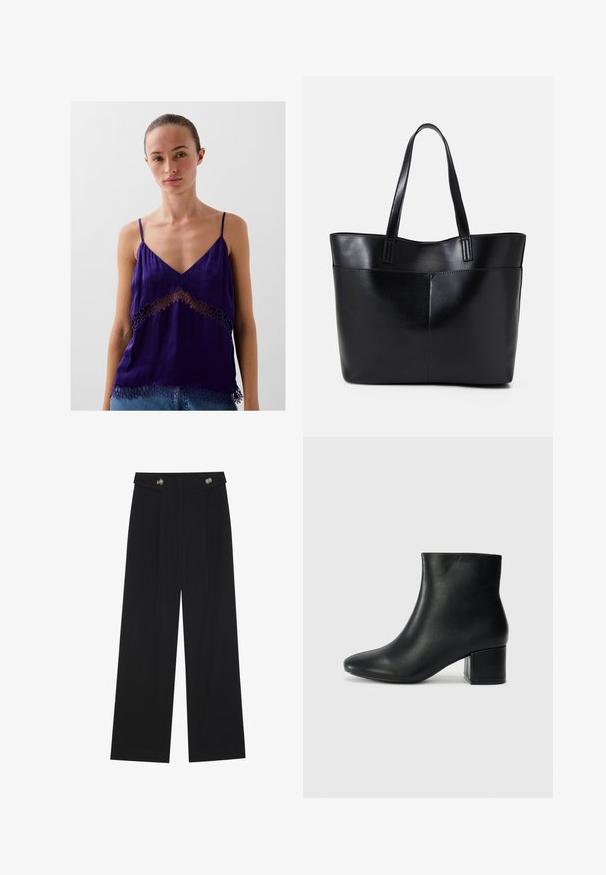 Lila Seidentop mit dünnen Trägern, das über einen V-Ausschnitt und Blumenspitze-Ausschnitte entlang dem Saum und der Mitte verfügt.; Schwarze weite Hosen mit hoher Taille, Knopfdetails am Bund und vorderen Falten.; Schwarze Leder-Ankle-Boots mit spitzem Zehenbereich und klobigem Absatz. Glatte Textur mit minimalen Akzenten und einem eleganten, taillierten Design.; Schwarze Leder-Shopper-Tasche mit zwei langen Griffen, einer glatten Textur und einer strukturierten Form. Verfügt über eine Vordertasche für zusätzlichen Stauraum.