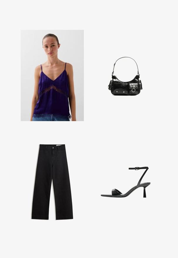 Camisolă din mătase violetă cu bretele subțiri, având un decolteu în V și detalii din dantelă florală decupată de-a lungul tivului și al părții mediane.; Pantaloni din denim negri cu picioare largi, cu talie înaltă, având buzunare frontale și posterioare, cusături dublate și închidere cu nasture. Textură netedă.; Bershka Sandale cu toc - black; Geantă de mână din piele lăcuită neagră, cu o formă curbată, un umăr, buzunare frontale și accente din metal argintiu.