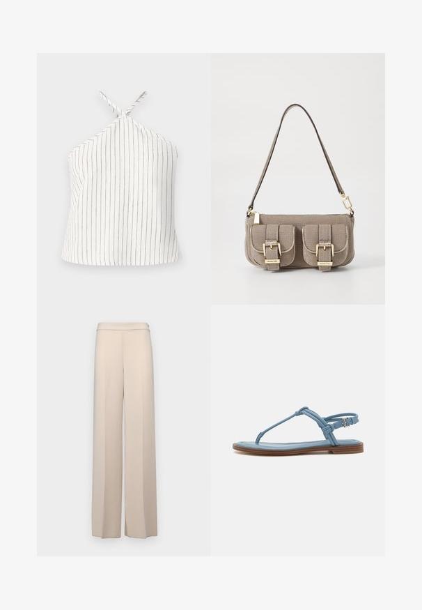 Witte haltertop met dunne verticale strepen in grijs. Bevat kruissgewikkelde banden en een losse pasvorm. Geen zichtbare hardware.; Beige wijde broek van een gladde stof, met een hoge taille en subtiele voorplooien. Geen zakken of zichtbare hardwaredetails.; Blauwe leren teenslipper met een platte zool, voorzien van een slank bandjesontwerp en een gesp sluiting bij de enkel voor een veilige pasvorm.; Beige handtas met textuur, verstelbare schouderriem, twee voorvakken beveiligd met gespen en accenten van gouden hardware. Ritssluiting aan de bovenkant.