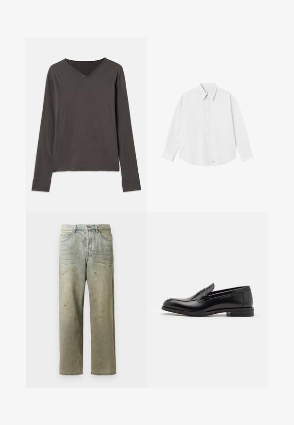 Long-sleeve top in dark gray, featuring a V-neckline and four-button placket. Soft fabric with a relaxed fit and stitched cuffs.; White button-up shirt with a classic collar, long sleeves, and a rounded hem; features small orange logo at the bottom left side.; Distressed denim jeans in light green, featuring a straight leg, five-pocket design, and uneven fading with paint splatters.; Black leather loafers with a smooth texture, rounded toe, and a decorative strap across the vamp. Low stacked heel, minimalist design.