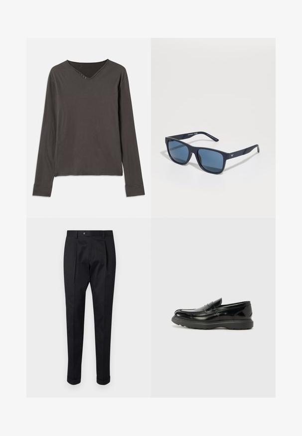 Majica z dolgimi rokavi v temno sivi barvi, z V-izrezom in zapenjanjem na štiri gumbe. Mehka tkanina z udobnim krojem in prišitimi manšetami.; Črne hlače iz gladkega materiala, z zavihkom spredaj, gumbom za zapiranje in zvitim robom ob gležnjih.; Črne usnjene loafer čevlje z sijajno obdelavo, okroglo špico, subtilnimi šivi in debelim gumijastim podplatom za trajnost.; Modre pravokotne sončna očala s temnimi lečami, mat mornarsko okvirjem, logotipom na ušesni strani, ravnimi kraki in trdno, gladko teksturo.