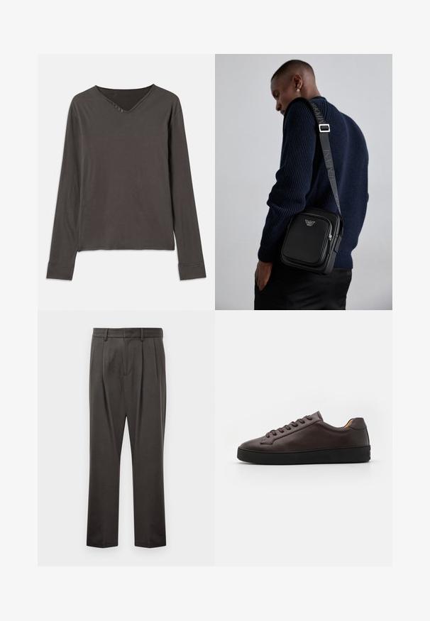 Langærmet top i mørkegrå, med V-halsudskæring og knaplukning med fire knapper. Blødt stof med en løs pasform og syede manchetter.; Mørkegrå bukser lavet af struktureret stof, med flad front, plisseringer, lige ben og bæltestropper. Ingen synlig hardware eller mønstre.; Brune læder sneakers med en glat overflade, rund tå og sort gummisål. Har tonede snørebånd og minimalistiske design detaljer.; Sort læder crossbody taske med en lynlåslomme, logodetalje og en justerbar rem med brandnavn. Båret over en tekstureret marineblå sweater.