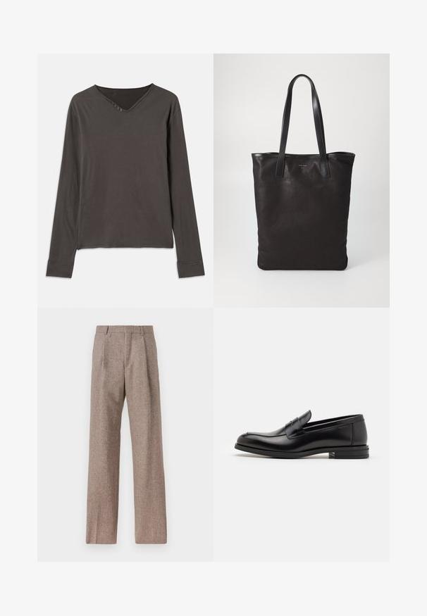 Langærmet top i mørkegrå, med V-halsudskæring og knaplukning med fire knapper. Blødt stof med en løs pasform og syede manchetter.; Brune, højtaljede bukser lavet af tekstureret stof. Har brede ben og to frontfoldninger for struktur. Pæn finish uden synlig hardware.; Sorte læderloafers med en glat overflade, rund tå og en dekorativ strop over vampen. Lav hæl med stabeldesign, minimalistisk stil.; Sort lærred tote taske med sorte læderhåndtag. Simpelt design, rummelig krop og en glat overflade. Ingen synlige logoer eller mønstre.