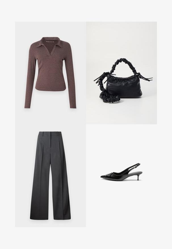 Halenka s dlouhým rukávem a véčkovým výstřihem v tmavě hnědé barvě, s límečkem a přiléhavým střihem z měkké strukturované látky.; Široké kalhoty z tmavě šedé látky, s vysokým pasem, jedním skladem a hladkou texturou s čistým zakončením na lemech.; Černé kožené lodičky na slingback s špičatou špičkou, malým podpatkem typu kitten a ozdobným uzlem na přední straně. Hladký povrch po celém obvodu.; Černá kabelka z umělé kůže s krokodýlím vzorem, staženým vrškem a zmačkaným popruhem. Zdá se, že má měkký a kompaktní design.