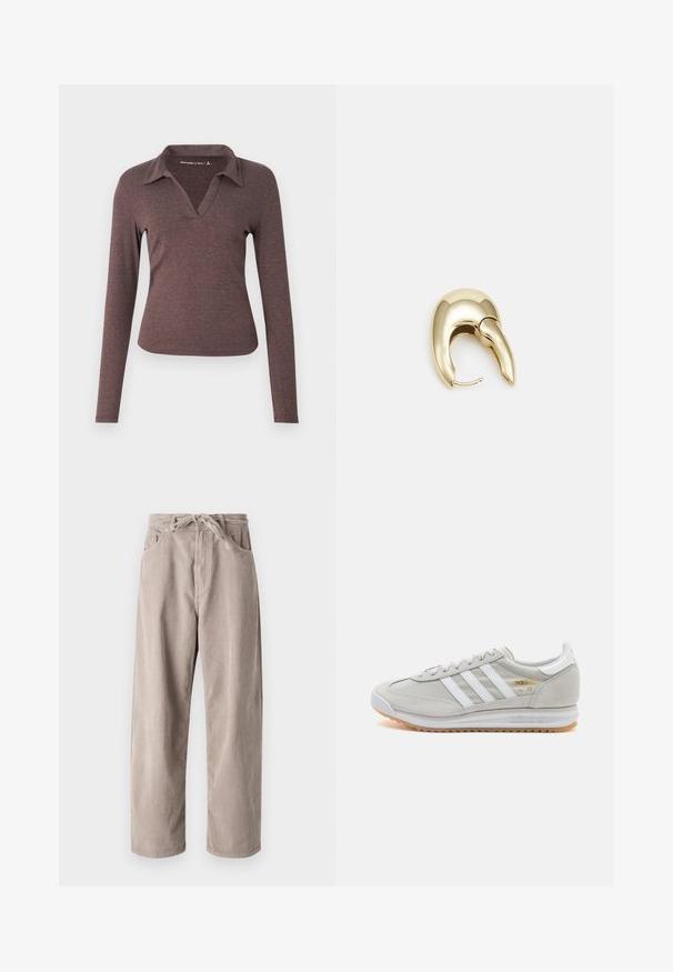 Long-sleeve, V-neck blouse in dark brown, featuring a collared neckline and a fitted silhouette with soft, textured fabric.; Beige corduroy trousers with a loose fit, featuring a drawstring waist, two front pockets, and vertical ribbed texture.; Light grey sneaker made of suede and mesh, featuring three white stripes, round toe, and a gum rubber sole. Gold logo accent near laces.; Gold-tone metal earring with a sleek, curved design. Features a distinctive pointed shape, polished surface, and hinge closure.