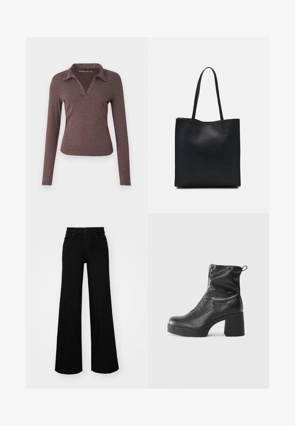 Bluza z dolgimi rokavi, v-izrezom v temno rjavi barvi, z ovratnikom in prilegajočo silhueto iz mehkega, teksturiranega materiala.; Črne široke denim hlače s strukturiranim pasom, z zankami za pas in sprednjimi žepi. Gladka tekstura s klasičnim dizajnom.; Črne gležnjarje iz gladke kože z božnim zadrgo, masivnim teksturiranim peto in zaobljeno obliko prstov.; Črna usnjena torba s svilnato teksturo, pravokotne oblike in dvema dolgima ročajema. Brez vidnih metalnih delov ali okrasnih elementov.