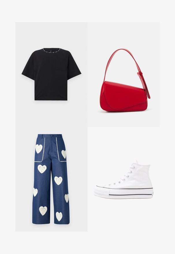 Juodas trumpomis rankovėmis marškinėliai su apvalia iškirpte, dekoruoti sidabro spalvos smeigėmis ir maža krūtinės kišenė. Pagaminti iš minkštos medvilnės medžiagos.; Sister Jane HEART TO HEART - Tiesaus kirpimo džinsai - blue denim; Balti aukštakulniai drobės sportbačiai su juodu guminio pado, priekinio guminio piršto dangteliu ir šešiais akytėmis raištams, pasižymintys švariu, minimalistiniu dizainu.; Raudona odinė rankinė su kampuota, geometrine forma. Pasižymi viena reguliuojama dirželiu ir dangteliu su siuvinėtais dekoracijomis.