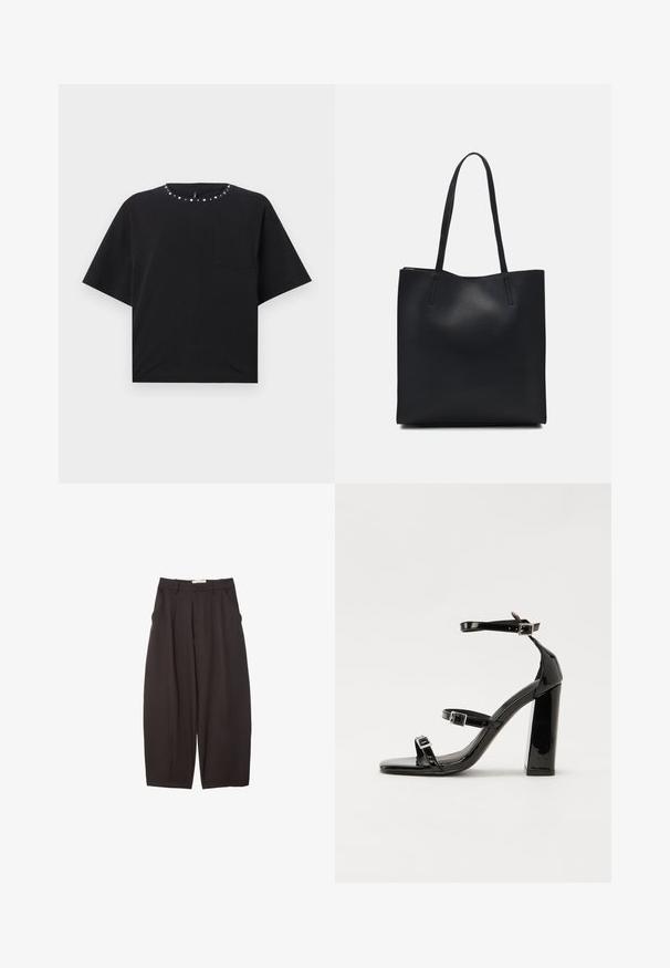 Črna majica s kratkimi rokavi in okroglim izrezom, okrašena z srebrnimi žebljički in majhno žepno. Narejena iz mehkega bombažnega blaga.; Črne široke hlače iz gladkega materiala, z visokim pasom, zgornjimi pregibi in stranskimi žepi. Preprost dizajn brez okrasnih elementov.; Črne lakirane sandale s peto, kvadratnim prstom, trakovi okrog gležnja in srebrnimi zaponkami. Opremljene so s stabilno Debelo peto.; Črna usnjena torba s svilnato teksturo, pravokotne oblike in dvema dolgima ročajema. Brez vidnih metalnih delov ali okrasnih elementov.