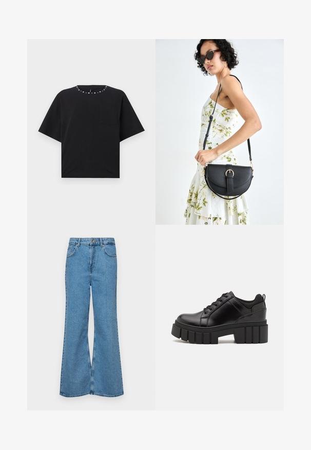 Camisa de t-shirt preta de manga curta com decote redondo, adornada com tachas prateadas e um pequeno bolso no peito. Feita de um suave tecido de algodão.; Jeans de brim azuis claros, com corte à boca de sino, apresentando uma cintura alta, cinco bolsos e um fecho de botão único. Textura macia com acabamento desbotado.; Sapatos de plataforma em couro preto com um salto bloco robusto, bico redondo e design clássico de atacadores. Apresentam uma textura suave e detalhes mínimos.; Bolsa de couro preta com forma curva, alça destacável e detalhes em dourado. A bolsa possui uma aba com detalhe de fivela.