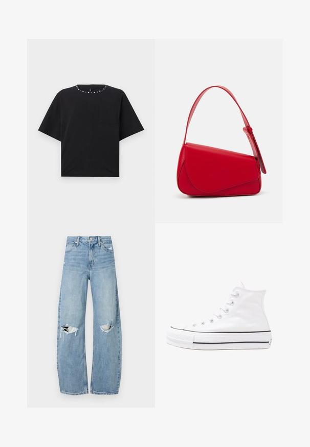 Musta lyhythihainen t-paita, jossa on pyöreä kaula-aukko, koristeltu hopeisilla niiteillä ja pieni rintatasku. Valmistettu pehmeästä puuvillakankaasta.; Vaaleansiniset, korkeavyötäröiset farkut, jotka on valmistettu denimmateriaalista. Ominaisuuksiin kuuluvat leveät lahkeet, kaksi revittyä polvialuetta ja klassinen viiden taskun tyyli.; Valkoiset korkeavartiset kangaskengät mustalla kumipohjalla, edessä kuminen varvasosa ja kuusi nauha-aukkoa, puhtaan minimalistisella muotoilulla.; Punainen nahkalaukku, jossa on kulmikas, geometrinen muotoilu. Varustettu yhdellä säädettävällä hihnalla ja läpällä, jossa on ommeltu yksityiskohtia.