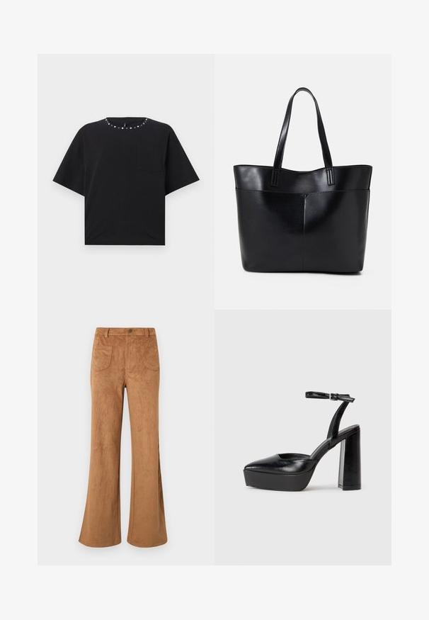 Sort kortærmet T-shirt med rund hals, prydet med sølvfarvede nitter og en lille brystlomme. Lavet af blødt bomuldsstof.; Brune ruskinds flared bukser med høj talje, for- og baglommer samt en glat overflade. Designet til en afslappet pasform hele vejen ned ad benet.; Sorte platformhæle med spidse tæer og justerbar ankelrem. Construeret i glat læder, med en kraftig blokhæl.; Sort læder tote taske med to lange håndtag, en glat tekstur og en struktureret form. Har en forlommem for ekstra opbevaring.