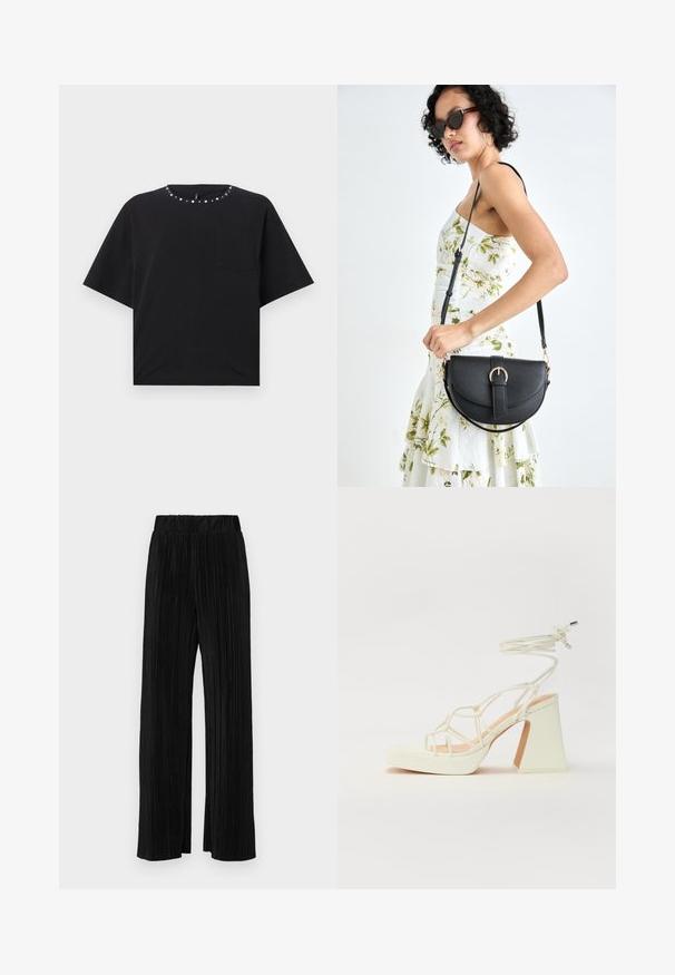 Musta lühikeste varrukatega T-särk ümmarguse kaelusega, kaunistatud hõbedaste nubludega ja väikese rinna taskuga. Valmistatud pehmest puuvillakangast.; Mustad pleekitud püksid elastse vöökohtaga. Omavad laiad jalad ja sujuvat, tekstureeritud kangast vertikaalsete triipudega.; Valged kõrge kontsaga sandaalid, millel on paks konts ja rihmadega disain koos pahkluu sidumisega. Sile tekstuur ja platvorm ees, et lisada kõrgust.; Mustmust mustraha kõverate joontega, eemaldatava rihmaga ja kuldsete detailidega. Kotil on klapp, millel on pandladetail.