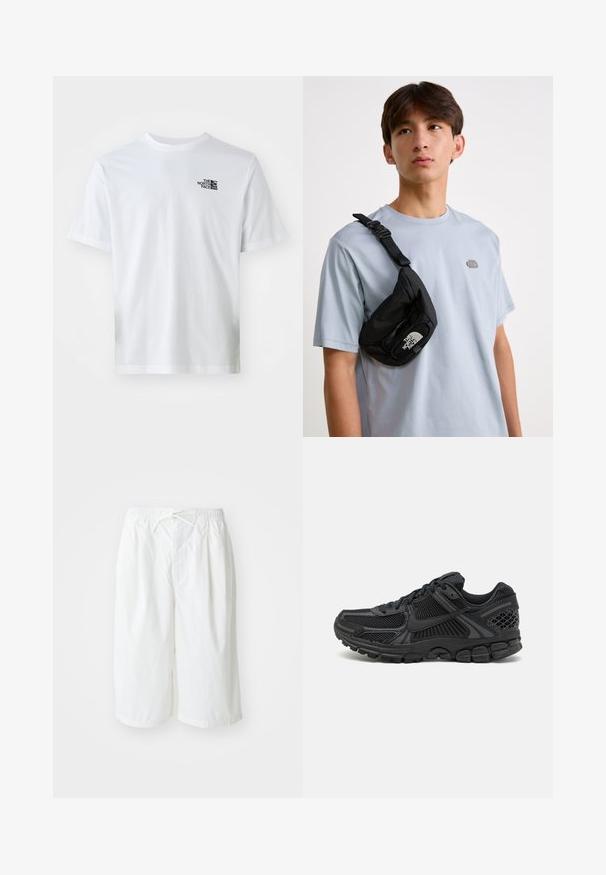 Bílá bavlněná trička s krátkým rukávem, kulatým výstřihem a malým černým logem na hrudi. Standardní střih, hladká textura, bez vzorů.; Bílé kraťasy s elastickým pasem a šňůrkou, zobrazené na jednoduchém světlém pozadí. Vhodné pro každodenní nebo letní nošení.; Černá sportovní bota s síťovinovým svrškem, gumovou podrážkou a texturovanými akcenty. Design zahrnuje výrazný systém šněrování a polstrovanou podrážku.; Černá nylonová crossbody taška s nastavitelným popruhem, vybavená výrazným bílým logem. Nošena přes světle modré tričko. Jednoduchý, funkční design.
