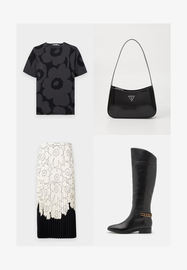 Sötét szürke póló, változó árnyalatú szürke és fekete virágmintával, rövid ujjakra és kerek nyakvonalra tervezve.; Ráncokkal ellátott szoknya fekete-fehér virágmintával, világos felső része virágokkal, az alján pedig egyszínű fekete szegéllyel.; Magas fekete bőrcsizma áramvonalas dizájnnal, hegyes orral és arany lánc díszítéssel a bokán. Alacsony, tömbsarkú. Sima felület.; Fekete lakkbőr válltáska ívelt formával, ezüst háromszög logóval és cipzáros záródással. Simaság jellemzi és vékony pántja van.