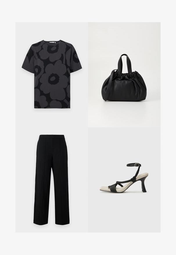 Temno siva majica s kratkimi rokavi, okroglim izrezom in cvetličnim vzorcem v različnih odtenkih sive in črne.; Črne široke hlače iz gladkega blaga, ki imajo ravno sprednjo stran, dve navpični šiv in preprost dizajn pasu.; Črne sandale na visoki peti z prepletenim trakom, kvadratnim nosom in nastavljivim gležnjenjem. Svetlo bež podplat z sijajno črno peto.; Črna usnjena torbica z zloženim zgornjim dizajnom, opremljena z dvema kratkima ročkama in dolgo nastavljivo naramnico. Gladka tekstura, okrogla oblika.