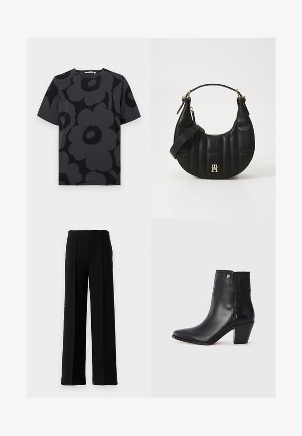 Czarnoszary t-shirt z kwiatowym wzorem w różnych odcieniach szarości i czerni, krótki rękaw oraz okrągły dekolt.; Czarne spodnie o wysokim stanie i szerokich nogawkach z zaznaczonymi zakładkami z przodu, wyeksponowane na jednolitym białym tle.; Czarne skórzane botki za kostkę z pointowanym noskiem, elastycznymi panelami bocznymi i kwadratowym obcasem. Posiadają mały złoty akcent z logo.; Czarna skórzana torebka o zakrzywionym kształcie, pikowanej fakturze i złotych akcentach. Posiada odpinany pasek na ramię oraz detal z logo.