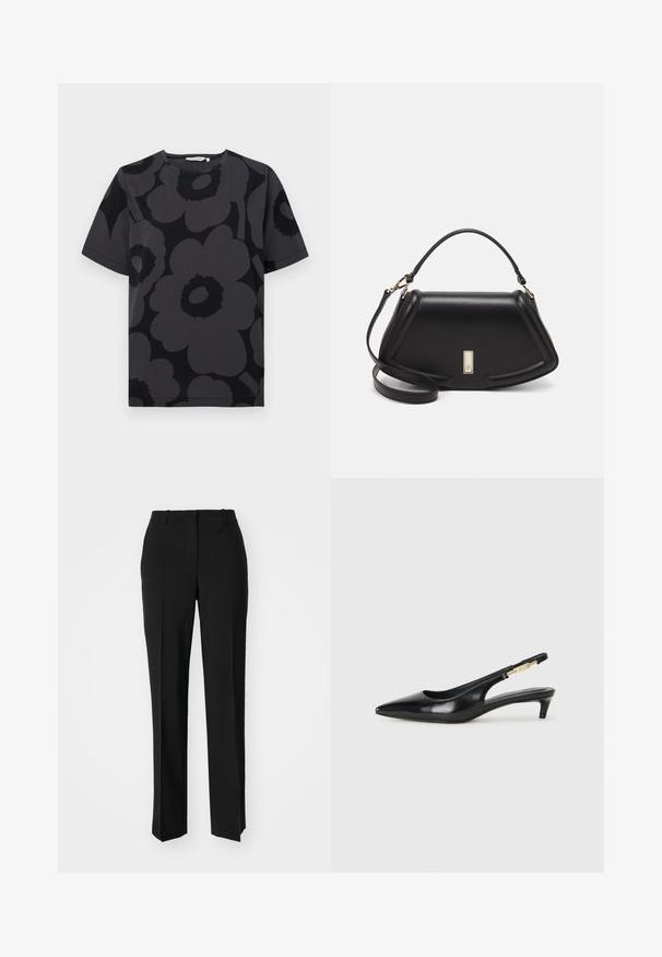 Tricou gri închis cu un model floral în nuanțe variate de gri și negru, cu mâneci scurte și guler rotund.; Pantaloni negri tailor-ed cu un design drept, având o textură fină și cute clare pe față. Fără elemente de prindere vizibile.; Sandale slingback din piele neagră cu vârf ascuțit, având un toc subțire și un accent de culoare aurie pe curea ajustabilă. Textură netedă.; Geantă de umăr din piele neagră, cu un design structurat, având o formă tăiată, mânere superioare și accente din aur. Include o curea de umăr ajustabilă.