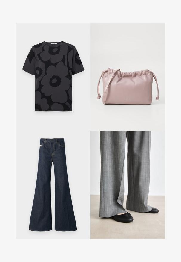 Dark gray t-shirt featuring a floral pattern in varying shades of gray and black, short sleeves, and a rounded neckline.; Dark blue flared jeans made of denim, featuring a high waist, gold stitching accents, and two front pockets with a button closure.; Gray pinstriped wide-leg trousers with a smooth texture, paired with black leather flats featuring a rounded toe.; Blush pink, smooth leather bag with gathered top, drawstring closure, and a thin strap. Features a subtle Calvin Klein logo on the front.