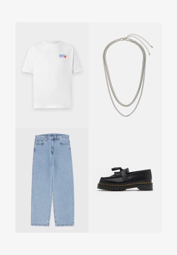 Hvit bomulls T-skjorte med korte ermer, med en blå og rød logo på venstre brystområde. Klassisk utringning, avslappet passform, glatt tekstur.; Lyseblå denimjeans med rett ben-design, med mid-rise liv, fem lommer og knap og lynlås lukning.; Svart skinn loafers med en kvastdetalj, med en tjock svart sula och gul sömnad längs kanten. Texturerad yta.; Tre-lags sølvmetallkjede med elegante, fleksible kjeder med en svak glans, sikret med en krabbe-lås og justerbar kjede.