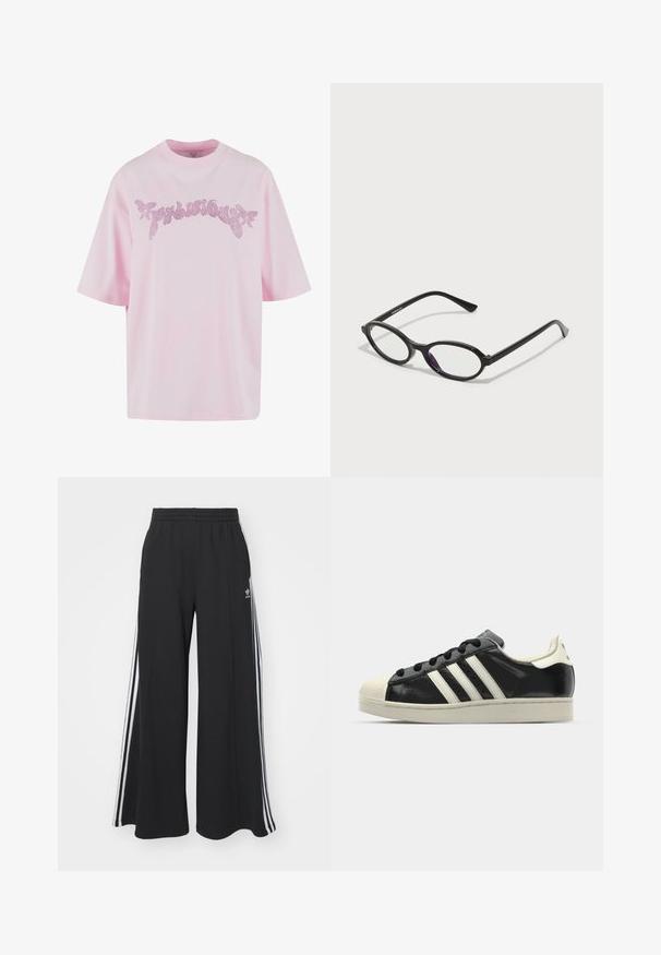 Růžové bavlněné tričko s volným střihem. Má krátké rukávy a dekorativní, třpytivý textový design z kamínků na přední straně.; Černé pohodlné tepláky širokého střihu s elastickým pasem, na boční straně s bílými pruhy a vyšitým logem na levé stehně.; Černé kožené sneakers s bílými pruhy, gumovou špičkou, černými tkaničkami a krémovou podešví. Hladký povrch s lesklým finišem.; Černé brýle oválného tvaru s průhlednými purpurovými akcenty na čočkách. Rám má matný povrch a štíhlé, rovné nožičky.