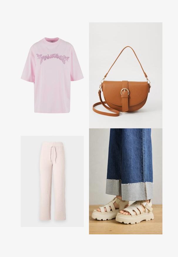 Rožinė medvilninė marškinė su laisvu siluetu. Yra trumpomis rankovėmis ir dekoratyviu, blizgučiais išpuoštu tekstu priekyje.; Šviesiai rožinės spalvos fliso pižamos kelnės su tekstūruotu paviršiumi, elastinga juosta ir reguliuojama raišteliu. Tiesių kojų kirpimas, minkšta medžiaga.; Bežiniai platforminiai sandalai su storais padais turi dirželių dizainą ir reguliuojamus kulkšnies dirželius. Dėvimi su plačiais džinsais, vienas apvadas yra susidėvėjęs.; Ruda odinė kryžminė rankinė, turinti kreivą formą, auksinius metalinius elementus ir sagtį. Yra nuimama petneša.