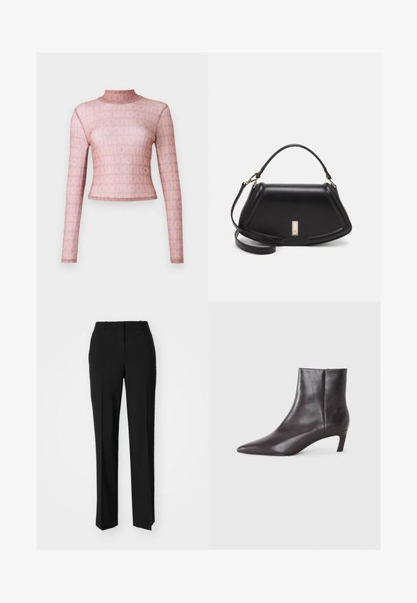 Langærmet, højhalset top i gennemsigtigt, lys lilla stof med et hel over logo-mønster. Tæt figursyet cropped design med glat tekstur.; Sorte skræddersyede bukser med lige ben-design, der har en glat tekstur og skarpe folder langs fronten. Ingen synlige hardware.; Sort læder ankelstøvle med spids tå og lav kittenhæl, glat finish, lynlås i siden, vist på en neutral baggrund.; Sort læderhåndtaske med en struktureret design, der har en kortet form, tophåndtag og guld hardware-accenter. Justerbar skulderrem inkluderet.