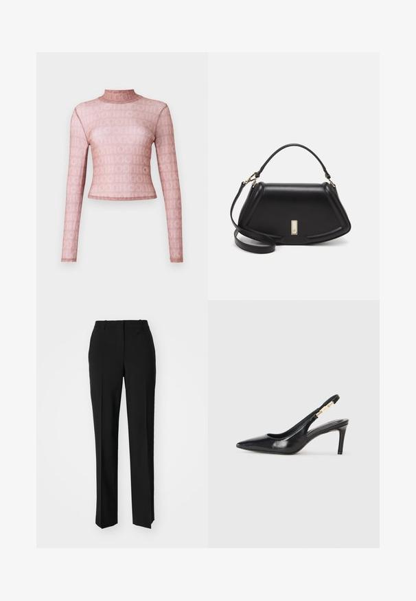 Long-sleeve, high-neck top in sheer light pink fabric featuring an all-over logo pattern. Fitted crop design with smooth texture.; Black tailored trousers with a straight-leg design, featuring a smooth texture and crisp creases along the front. No visible hardware.; Black leather slingback high-heeled shoe with a pointed toe, smooth texture, and a narrow ankle strap featuring gold hardware accents.; Black leather handbag with a structured design, featuring a cropped shape, top handle, and gold hardware accent. Adjustable shoulder strap included.
