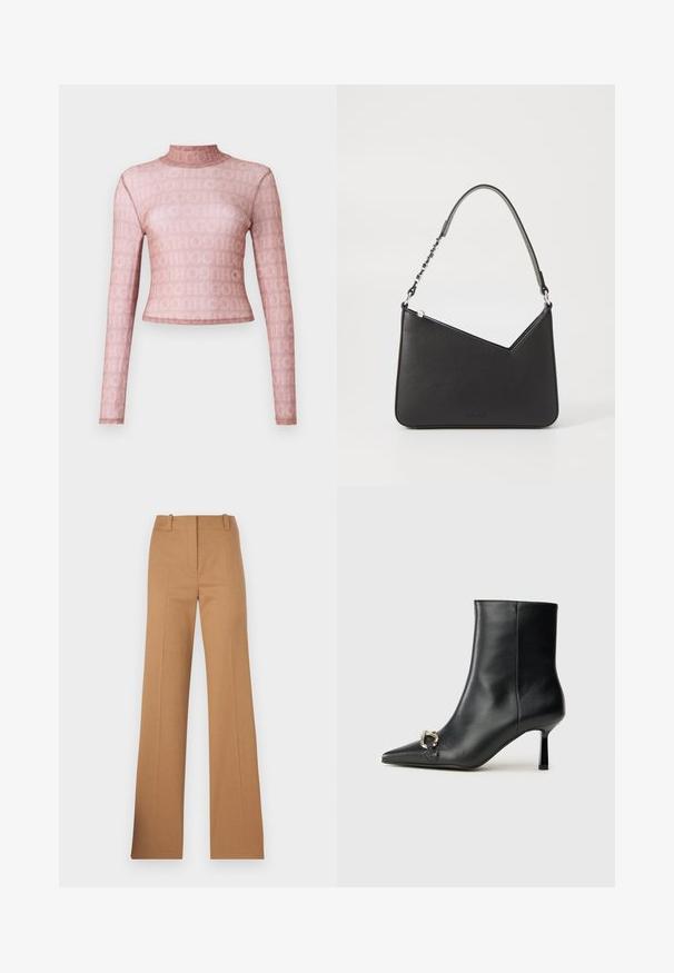 Dug mağica, visoka izrezana majica s dugim rukavima od prozirnog svijetloružičastog materijala s uzorkom logotipa po cijeloj površini. Prikladni kroj s glatkom teksturom.; HUGO HULANA - Chino hlače - open brown; Crne kožne gležnjače s nazupčanim prstom, uskim srednje visokim potpeticama i detaljem srebrne kopče sa strane na jedinstvenoj pozadini.; Crna kožna torba u obliku trokuta, s tankim remenom i srebrnim detaljima. Ima zatvaranje na patentni zatvarač i utisnutu oznaku na prednjoj strani.