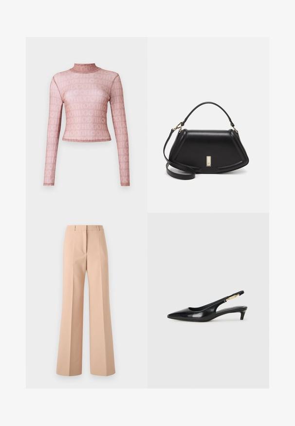 Top cu mânecă lungă și gât înalt, dintr-un material roz deschis transparent, având un model cu logo pe toată suprafața. Design ajustat, tip crop, cu o textură fină.; Pantaloni bej, cu talie înaltă și design cu picioare largi. Realizați dintr-un material neted, cu plii frontale și o talie curată.; Sandale slingback din piele neagră cu vârf ascuțit, având un toc subțire și un accent de culoare aurie pe curea ajustabilă. Textură netedă.; Geantă de umăr din piele neagră, cu un design structurat, având o formă tăiată, mânere superioare și accente din aur. Include o curea de umăr ajustabilă.