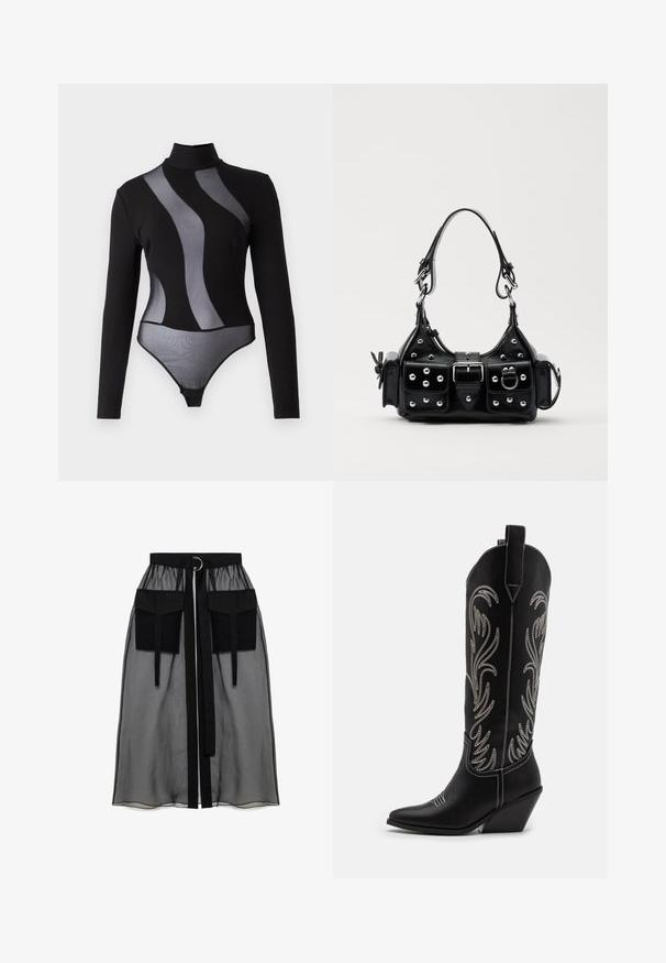 Melna garo piedurkņu bodijam ar caurspīdīgām režģa daļām un augstu apkakli. Piedāvā pieguļošu dizainu un aizdari apakšā.; Melnā caurspīdīgā svārka ar salikto jostasvietu, kas ietver divas lielas priekšējās kabatas, jostas saitīti un apaļu metāla akcentu.; Melnas ādas kovboju zābakus ar norādītām pirkstiem, sānām paceltu papēdi un sudraba izšūtām ziedu rakstiem gar zābaka kāju. Kontrasta dūrieni visā zābakā.; Melnas ādas rokturmais ar izliekumu, ar sudraba iedurtiem, sprādzi un divām sānu kabatām. Regulējams siksniņas garums dažādām nēsāšanas iespējām.
