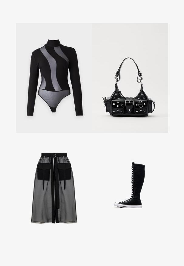 Mustapituinen pitkähiha bodysuit, jossa on läpinäkyviä verkkopaneeleja ja korkea kaulus. Ominaisuuksiin kuuluu tiukasti istuva malli ja nepparikiinnitys alaosassa.; Musta läpinäkyvä hame, jossa on kerätty vyötärö, kaksi suurta etutaskua, vyönauha ja pyöreä metallikoriste.; Musta korkeavartinen lenkkarit, joissa on korkea muotoilu, valmistettu kankaasta. Varustettu valkoisilla nauhoilla, ompeleilla ja kumipohjalla, jossa on varvaskuppi.; Musta nahkainen käsilaukku, jossa on kaareva muotoilu, hopeiset niitit, solki ja kaksi sivutaskua. Säädettävä olkahihna erilaisiin kantovaihtoehtoihin.