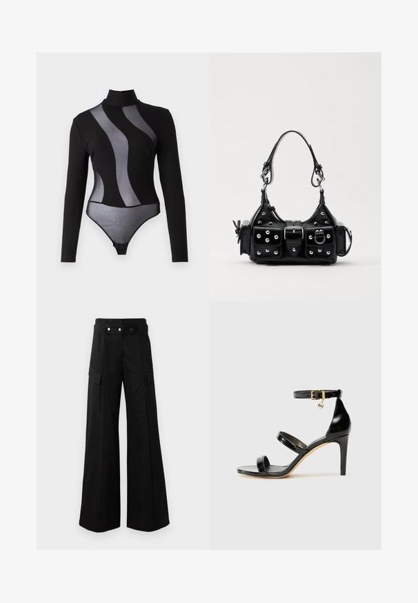 Fekete, hosszú ujjú testhez simuló felső, áttetsző hálós panelek és magas nyakdizájn jellemzi. Szoros szabása és alul pattintós záródása van.; Fekete, bő szárú nadrág magas derékkal, nagyméretű oldalsó zsebekkel, két elülső gombbal és hurok részlettel. Tartós anyagból készült.; Fekete lakk bőr szandál három pánttal, bokapánttal és 10 cm magasságú tűsarokkal. Arany színű részletekkel és logó charm-mal rendelkezik.; Fekete bőr kézitáska ívelt designnal, ezüst szegecsekkel, csattal és két oldalsó zsebbel. Állítható vállpánt a hordozási lehetőségekhez.