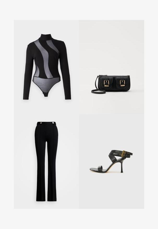 Schwarzer Langarm-Bodysuit mit transparenten Mesh-Einsätzen und hohem Kragen. Verfügt über eine taillierte Passform und einen Druckknopfverschluss am Boden.; Schwarze, ausgestellte Hosen aus dehnbarem Stoff, mit hohem Bund, zwei vorderen Taschen und silbernen Knopfdetails am Bund.; Schwarze Absatzsandale mit gekreuzten Riemen und verstellbarem Schnallenverschluss. Sie verfügt über eine glatte Textur und einen schmalen Stiletto-Absatz.; Schwarze Leder-Umhängetasche mit zwei vorderen Taschen, goldenen Schnallen, Reißverschluss und einem schmalen Tragegurt. Texturierte Oberfläche und kompakte rechteckige Form.