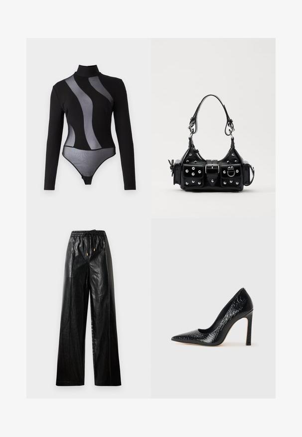 Schwarzer Langarm-Bodysuit mit transparenten Mesh-Einsätzen und hohem Kragen. Verfügt über eine taillierte Passform und einen Druckknopfverschluss am Boden.; Schwarze Leder-Hosen mit weitem Beinschnitt, elastischem Taillenbund, Kordelzug und goldenen Hardware-Akzenten. Glatte Textur und lockerer Schnitt.; Schwarzer, spitz zulaufender High Heel mit Krokodilleder-Struktur, elegantem Design, hohem Stiletto-Absatz und glattem schwarzen Innenraum.; Schwarze Lederhandtasche mit einem geschwungenen Design, verziert mit silbernen Nieten, einer Schnalle und zwei seitlichen Taschen. Verstellbarer Träger für verschiedene Tragemöglichkeiten.