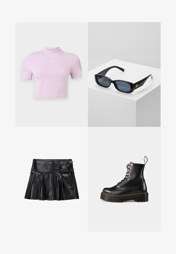 Rövid ujjú, világoslila cropped topp, rugalmas anyagból készült. Díszes nyakkal és fehér logóval rendelkezik a mellen. Simább textúrájú.; Fekete bőrnadrág redőkkel, széles derékrésszel és két csattal az oldalon. Sima textúra fényes felülettel.; Fekete bőrből készült, fűzős bokacsizma masszív fekete talppal és sárga varrással. Hátsó húzófüllel és kör alakú fémszemekkel rendelkezik.; Fekete, téglalap alakú napszemüveg kék árnyalatú lencsékkel, vastag kerettel és arany kör alakú díszítéssel az oldalon. Simaságot és fényességet sugárzó külső.; Burgundy színű, szintetikus anyagból készült kézitáska, strukturált dizájnnal, levehető pánttal és a fogantyúra kötött virágmintás sállal.
