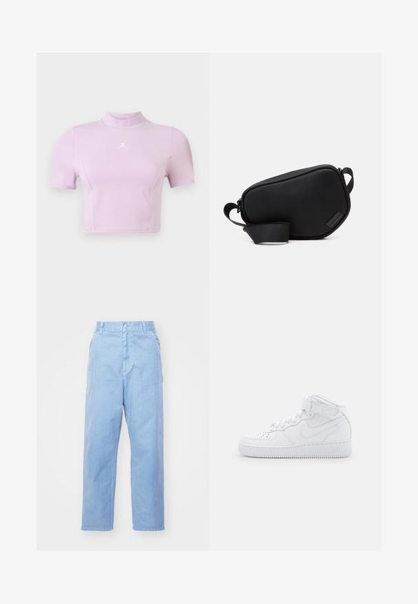 Kortärmad cropped topp i ljuslila, gjord av elastisk tyg. Har en hög hals och en vit logotyp på bröstet. Slät textur.; Ljusblå denimbyxor med rak bendesign, knappstängning och framfickor. Tyget har en subtil struktur med en mjuk finish.; Vita högskoor av läder med vadderad krage, perforerad tå, snörning och justerbar ankelrem; logotyp på sidan.; Svart, zippered crossbody-väska i slätt material, med en platt form, en enkel rem och en liten logotypaccent. Minimalistisk design.