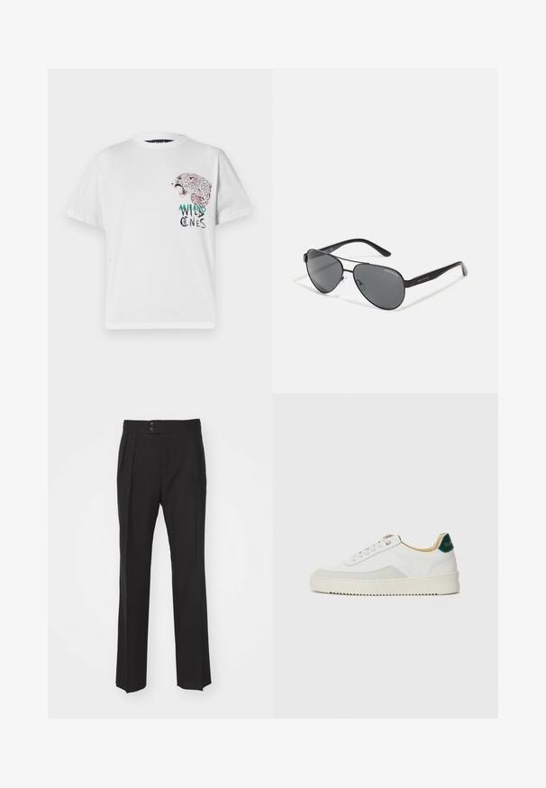 Valge puuvillane T-särk, mille esiküljel on leopardi trükk koos musta ja rohelise aktsendiga tekstiga "MILANO WILD ONES". Lühikesed varrukad.; Mustad vooderdatud püksid, millel on sirge sääre disain, kaks esikotti ja topelt-nööbikinnitus vööosas. Sile kangatekstuur.; Valged tennisjalanõud, millel on sametised aktsendid, ümar varvas, lame nöörid ja kreemjas kummine põhja. Hästi nähtav roheline bränding kannal.; Mustad aviator-prillid tumedate läätsede, õhukese metallraami ja saledate plastikvarsadega, millel on logo aktsendid.