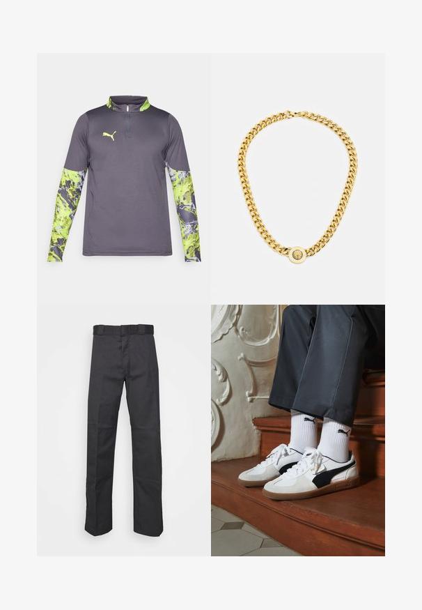 Harmaa urheilupaita, jossa on neljännesvetoketjuolka. Pittävät pitkät hihat, joissa on elävä vihreä ja harmaa abstrakti kuvio. Logo rinnassa.; Mustat pantsit kestävästä kankaasta, suoran lahkeen muotoilu, vyötärönauha, jossa on vyölenkit, ja saumat lisätekstuuria varten.; Puma-tenniset valkoisesta ja mustasta mokasta, joissa on ruskea kumipohja. Yhdistetty valkoisten sukkien kanssa, joissa on musta logo, tummien housujen kanssa.; Kultaketju, jossa on suuret toisiinsa kytkeytyvät lenkit, keskellä on pyöreä pendantin yksityiskohta, jossa on kohotettu emblem.