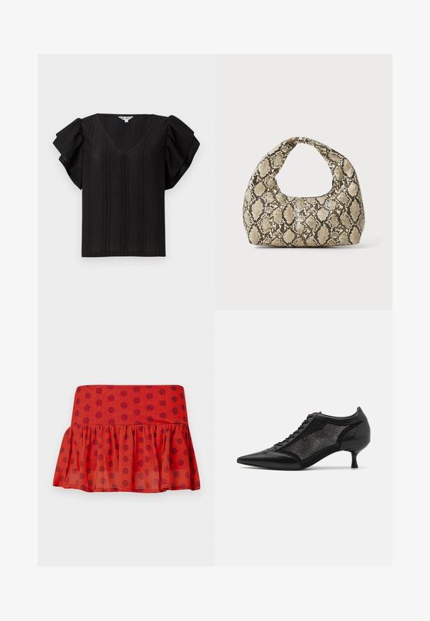 Must have V-kaelus, lühikeste volangvarrukatega must topp, millel on tekstuuriga vertikaalsed triibud. Valmistatud kergest kangast. Lihtne, lõdva istuvusega disain.; Punane volangline seelik mustade täppidega, valmistatud kerge materjali. Omab istuvat vööd ja kihilist disaini.; Mustad mustakottidega jalanõud, millel on võrkpaneeli disain, madala kanna ja nööpidega esiküljel. Valmistatud nahast ja võrkkangast.; Musta käärmeprindiga kott kõveraga käepidemega. Valmistatud tekstiilsetest, beežidest ja pruunidest materjalidest, millel on iseloomulik rombikujuline muster.