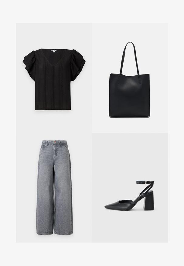 Top negru cu decolteu în V, mâneci scurte cu volane și dungi verticale texturate. Fabricat dintr-un material ușor. Design simplu, cu croi lejer.; Jeans din denim cu picioare largi, într-o nuanță de gri estompat, având cinci buzunare, închidere cu buton și o textură moale cu detalii subtile de uzare.; Pantofii cu toc ascuțit din piele neagră, cu breteaua pentru glezne și toc gros. Textură netedă, design elegant și estetică minimală.; Geantă tote neagră din piele, cu textură netedă, formă rectangulară și două mânere lungi. Fără hardware vizibil sau ornamente.