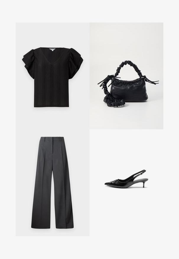 Black top with a V-neck, short ruffled sleeves, and textured vertical stripes. Made of lightweight fabric. Simple, loose fit design.; Wide-leg trousers in dark gray fabric, featuring a high waist, single pleats, and a smooth texture with a clean finish at the hems.; Black leather slingback heels with a pointed toe, small kitten heel, and a decorative knot detail on the front. Smooth texture throughout.; Black faux leather handbag with a crocodile texture, cinched top, and a scrunched strap. Appears soft and compact in design.