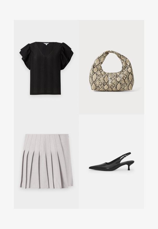 Črna majica z V-izrezom, kratkimi nabranimi rokavi in teksturiranimi vertikalnimi črtami. Narejena iz lahkotnega materiala. Preprost, ohlapen kroj.; Siva plisirana krila z gladko teksturo, ki ima več navpičnih gub in prilegajoč pas. Narejena iz lahkega materiala.; Črne usnjene sandale z odprtim peto in konično oblikovanim prstom ter ozkim, ukrivljenim petnim delom. Imajo diskretno nastavljivo zaponko z kovinsko sponko.; Torba z vzorom kače s ukrivljenim ročajem. Narejena iz teksturiranih, bež in rjavih materialov, ki imajo značilen diamante vzorec.