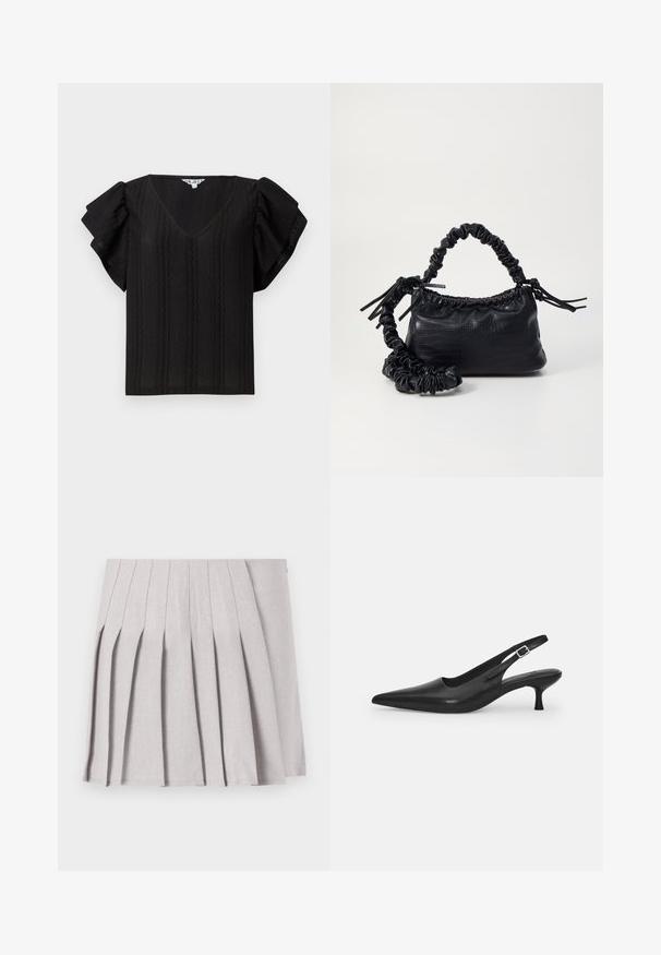Sort top med V-hals, korte rynkede ærmer og teksturerede vertikale striber. Lavet af letvægtsstof. Simpel, løstsiddende design.; Grå plisseret nederdel med en glat tekstur, der har flere lodrette folder og en tætsiddende talje. Fremstillet af letvægtsstof.; Sort læder slingback-sko med spids tå og en slank, buet hæl. Har en diskret justerbar rem med en metalspænde.; Sort kunstlæder håndtaske med krokodilteksur, indsnøret top og en sammenkrøben rem. Ser blød og kompakt ud i designet.