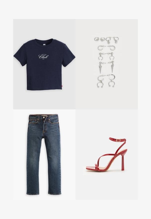 Navy blue cotton t-shirt with short sleeves, round crew neck, and white script logo reading "JOIN THE Club" on the front.; Dark blue denim jeans with a straight leg cut. Features front pockets, a button fly, and visible stitching accents. Distressed texture.; ALDO SCINTILLA - High heeled sandals - red; Set of silver earrings featuring various designs: hoops, studs, and dangling styles, with ball accents and pointed elements.