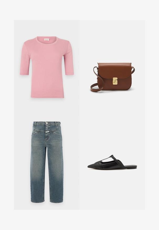 Růžové tričko vyrobené z měkké látky s klasickým kulatým výstřihem a krátkými rukávy, které má přiléhavý střih a jemné detaily šití.; CLOSED STOVER X - Zúžené džíny - mid blue; Černé kožené slingback boty se špičatou špičkou, s tkaným akcentem a plisovaným designem svršku. Plochá podešev s minimálním kovovým zapínáním.; Hnědá kožená kabelka s klopou, zlatými kovovými detaily, ramenním popruhem a hladkým povrchem. Kompaktní obdélníkový tvar.