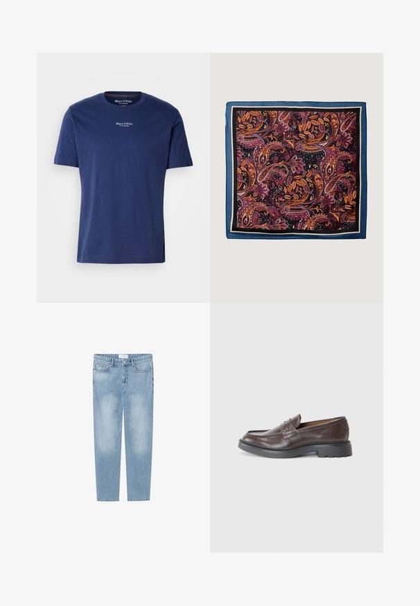 Mørkeblå bomull T-skjorte med korte ermer, rund hals, og liten hvit logo på brystet. Glatt tekstur og avslappet passform.; Lyseblå jeans med rett ben laget av denim. Har fem-lommers design, falmede områder og et merke på livet. Ingen dekorasjoner.; Brune lærloafers med en glat finish, rund tå, minimal syning og en tyk sort gummisål. Ingen synlig hardware eller accenter.; Silke skjerf med et paisley-mønster i dyp rød, oransje og lilla, kantet med mørk blå og svart, med en glatt tekstur.