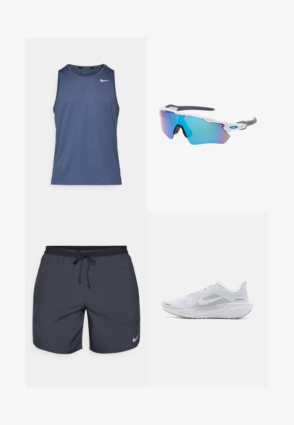 Blauwe sportieve tanktop met een ronde hals, gemaakt van vochtregulerende stof. Bevat een klein wit Nike-logo op de borst.; Nike hardloopshorts in donkergrijs, met een elastische tailleband en een trekkoord, en een zilveren logo-accent op de onderkant van het rechterbeen.; Witte sportieve schoen met een mesh bovenwerk, gladde textuur overlays, grijze accenten, veters en een gevoerde zool ontworpen voor prestaties.; Zonnebril met een wit frame, grijze accenten en blauwe spiegelglazen. Sportief ontwerp, omhulde vorm en verstelbare neuspads.