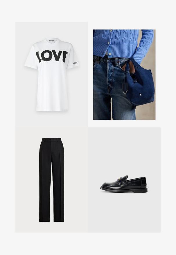 Valkoinen puuvillat-paita, jossa on rohkeaa mustaa tekstiä "LOVE" edessä ja "MOSCHINO"-logo hihassa. Pyöreä kaula-aukko ja lyhyet hihat.; Mustat, korkeavyötäröiset housut pellavasta. Ominaisuuksiin kuuluu suora lahje, prässätyt taitteet ja käänteet helmoissa. Ei näkyviä taskuja tai sulkijoita.; Musta nahkaloaferi, jossa on ommeltu muotoilu, pieni etuläppä ja litteä kumipohja. Silkkinen pinta kullanvärisillä yksityiskohdilla.; Laivastonsininen mokkanahkainen käsilaukku, jossa on pehmeä tekstuuri, kaksinkertaiset kahvat ja pieni kiinnitetty tunniste. Edessä valkoinen logo ja pyöreä pohja.
