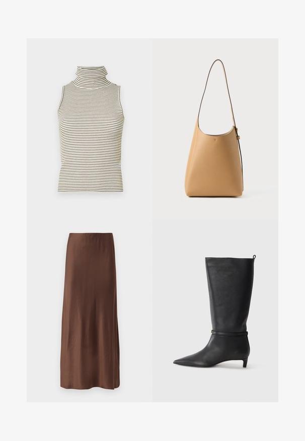 Bez piedurknēm, augsta izgriezuma topiņš ar vertikālām melnbaltām svītrām, izgatavots no teksturēta adīta auduma, ar augstu, pieguļošu apkakli.; Brūna satīna midi svārki ar gludu tekstūru, kas ievēro taisnu griezumu un bez redzamām rakstāmām vai rotājumiem. Vienkāršs un elegants dizains.; Melnas ādas līdz ceļiem stīgas ar norādītu purngalu, akcentētas ar apaļu siksnu ap potīti un zemu, sašaurinātu papēdi. Gluda tekstūra.; Gaisas brūnās ādas pleca soma ar gludu tekstūru, minimālisma dizainu, vienu izliekta formā esošu siksnu un vieglu aparatūru.